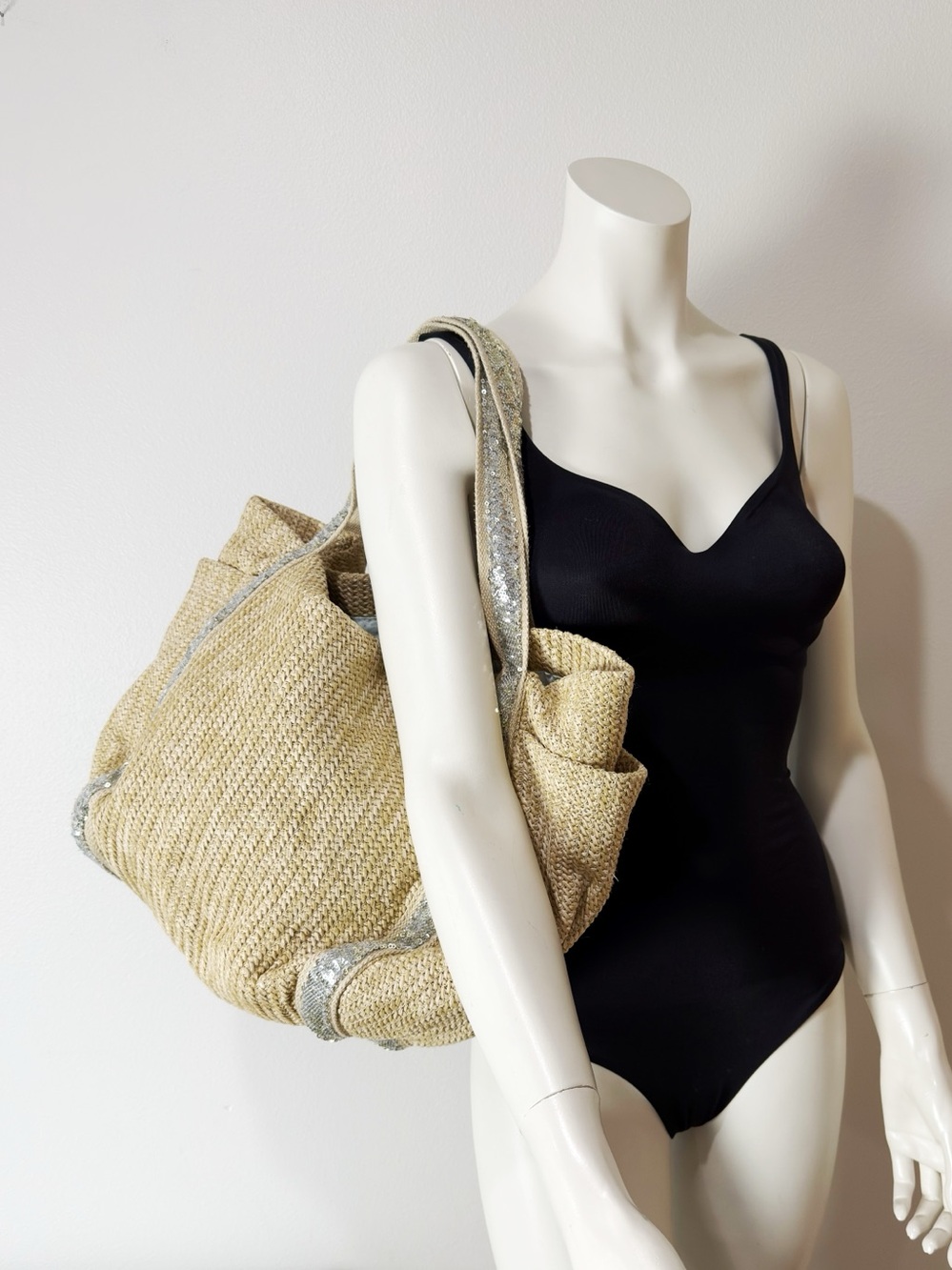 Vintage GAP Beige Sequin Tote Bag Silver